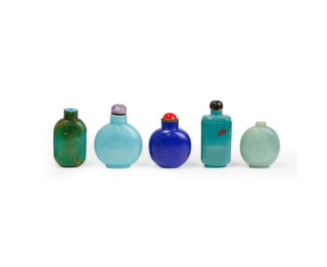 Four Chinese glass and one imitation-lapis lazuli snuff bottleLate Qing dynasty-20th centuryComprising: one imitation jadeite