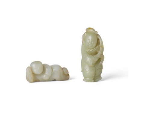 Two Chinese jade carvings of boysQing dynasty, 19th centuryThe first, a white jade carving of a recumbent boy holding a lotus