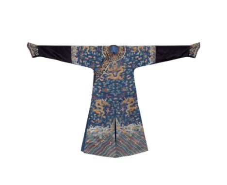 A Chinese blue silk embroidered 'nine dragons' robeQing dynasty, Qianlong/Jiaqing periodFinely embroidered on the bright blue