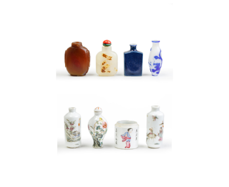 Seven Chinese snuff bottles and one famille rose cylindrical boxLate Qing dynasty - 20th centuryComprising three famille rose