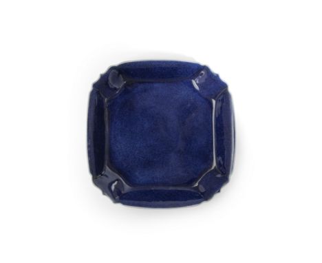 A Chinese monochrome powder blue square dishQing dynasty, Kangxi mark and periodOf shaped square form with steep, slightly ev