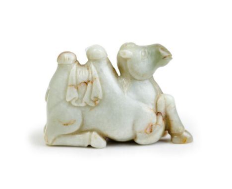 A Chinese green and mottled white jade carving of a camel20th centuryThe animal carved recumbent, with its right paw brought 