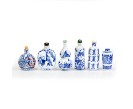 Five Chinese blue and white and one blue and white and underglaze red snuff bottleLate Qing dynasty, 19th/20th century and 20