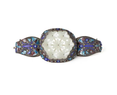 A  Chinese enamelled silver-filigree and white jade bangleLate Qing dynastyCentred around a hexagonal white jade reticulated 