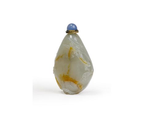 A Chinese pale green and russet jade 'Three Friends of Winter' pebble-form snuff bottleQing dynasty, 18th/19th centuryThe irr