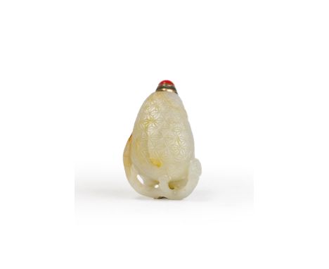 A Chinese pale green and russet jade 'lychees' snuff bottleQing dynasty, 18th/19th centuryCarved in reticulation as a group o