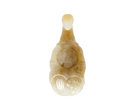 An unusual Chinese white and mushroom jade belt hook, daigouLate Ming dynastyCarved from a white stone with speckled mushroom