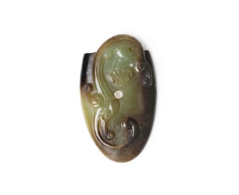 A Chinese green and black jade 'chilong' plectrumQing dynastyCarved in shallow relief with a coiled chilong over the convex s