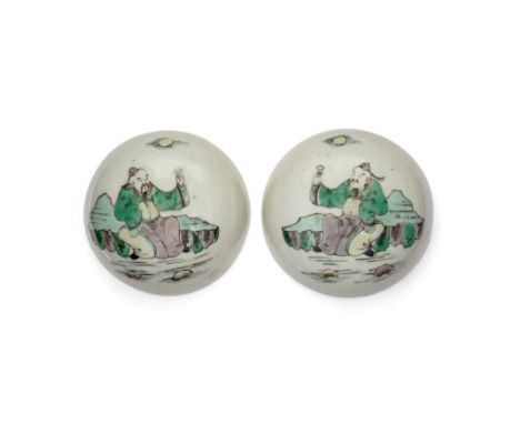 A pair of Chinese enamelled 'Li Bai' jar coversLate Qing dynastyEach of the domed covers enamelled in mirror image with the l