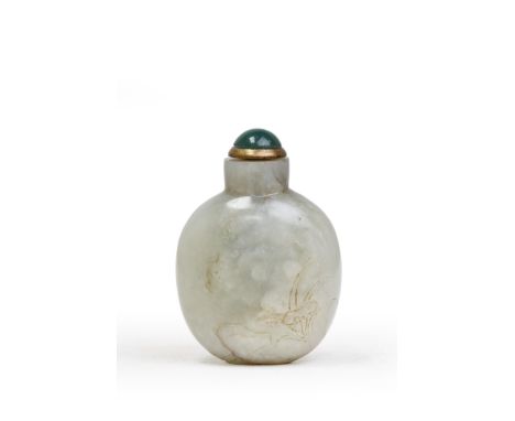 A Chinese pale jade 'lingzhi' snuff bottleQing dynasty, 19th centuryThe oviform shape delicately incised to one side with a l