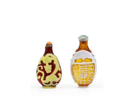 Two Chinese overlay glass snuff bottles Mid Qing dynasty, the chilong bottle probably Imperial workshopsThe first, a yellow o