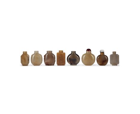 Eight Chinese agate snuff bottlesLate Qing dynasty-20th centuryComprising five of flattened oviform shape and three of angula