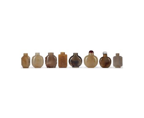 Eight Chinese agate snuff bottlesLate Qing dynasty-20th centuryComprising five of flattened oviform shape and three of angula