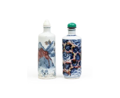 Two Chinese blue and white and underglaze copper snuff bottles Qing dynasty, 19th centuryThe first painted with a handler lea