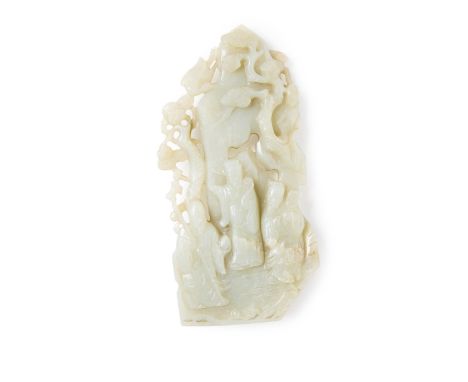 A large Chinese pale green jade 'three Star Gods' reticulated plaqueQing dynasty, 18th centuryFinely carved and pierced with 