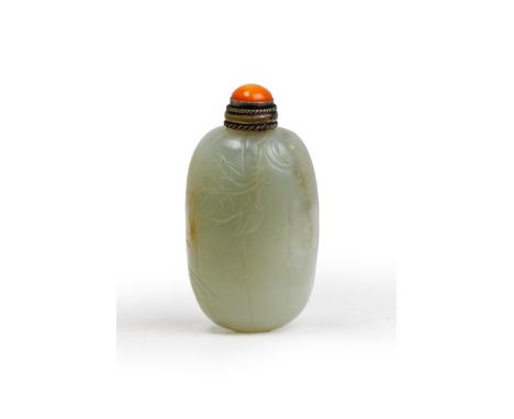 A Chinese carved 'melon' pebble-form snuff bottleQing dynasty, 19th centuryThe pale green pebble carved through the skin in t