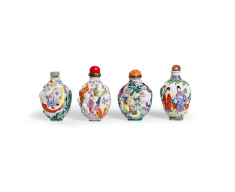 Four Chinese famille rose moulded snuff bottlesLate Qing dynasty/Republic period, apocryphal Qianlong marksThe first typicall