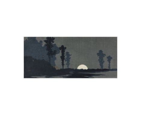 Uehara Konen (1878-1940)MoonriseA Japanese wood block print depicting a scene of moon rising above trees and watery landscape