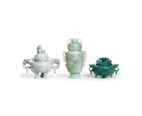 Two Chinese hardstone tripod censers and a hardstone vase and cover20th centuryOne dark green censer carved as a chrysanthemu