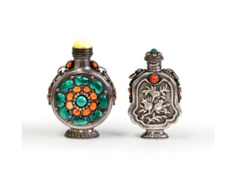 Two Mongolian-style white metal snuff bottlesQing dynasty, 19th centuryThe first of moon-flask form, inset with malachite and