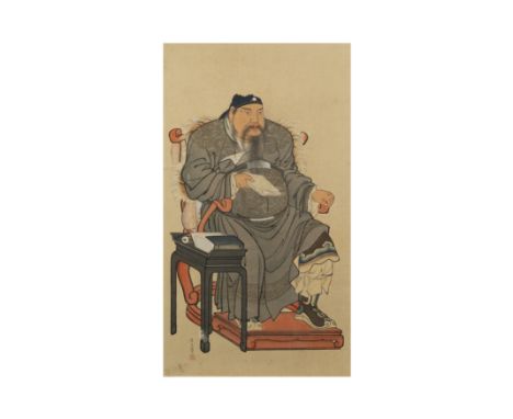 A Japanese wood block print of an official20th centuryDepicting an the official seated on a throne wearing grey robe, signed 