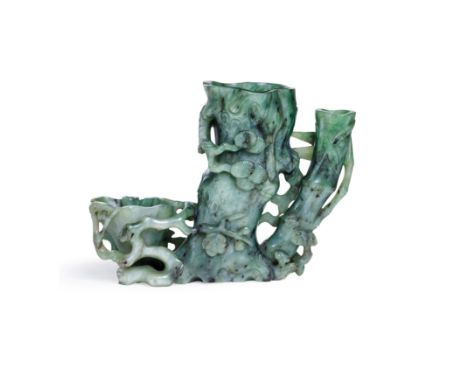 A Chinese spinach jade 'three friends of winter' three-section vaseQing dynasty, Qianlong periodFinely carved with a central 