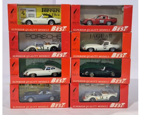 Model Best (1/43rd scale) group of Racing Cars to include Ferrari 330 GTC 1966 (Blue), Jaguar E Coupe Guida DX (White), Porsc