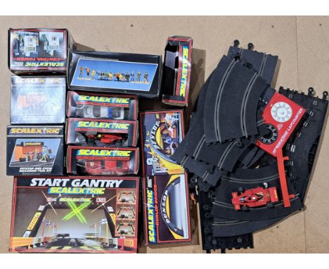 Scalextric a mixed group to include Track, Start Gantry, Pitstop and crew and multiple cars. SOME DUPLICATES. UNCHECKED FOR C