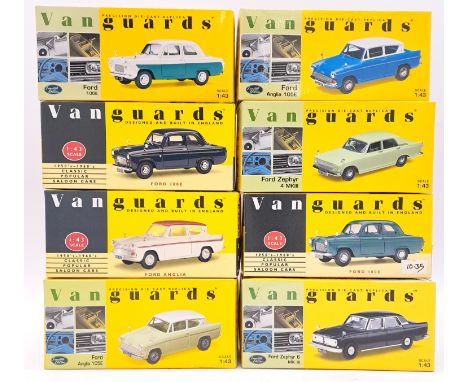 Vanguards, a boxed 1:43 scale Ford group to include VA21003 Ford 100E in Ambassador Blue, VA00116 Ford Anglia in Blue/White a