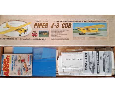 SIG (American) a boxed Plastic and Balsawood 1/4 Scale PIPER J-3 CUB Radio Controlled Aircraft Kit. Wingspan 105". This model