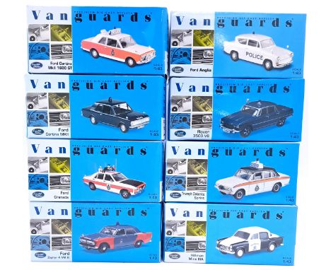 Vanguards, a boxed group of 1:43 scale Police vehicles to include VA06801 Hillman Minx IIA "Salford City Police", VA53002 Tri