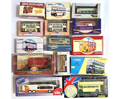 Corgi, Solido, Siku and similar, a boxed Bus/Tram group to include Corgi 35201 Daimler Utility Bus "Green Line London Transpo