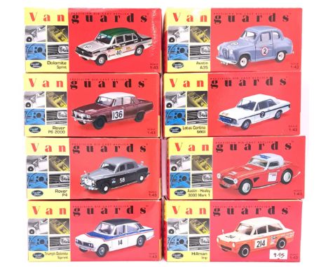 Vanguards, a boxed group of 1:43 scale Rally/Racing vehicles to include VA57000 Austin Healey 3000 MKI "Historic Rally", VA53