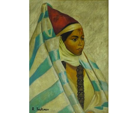 R Taskivan, oil on panel, Middle Eastern portrait, signed, 22" x 16", framed.