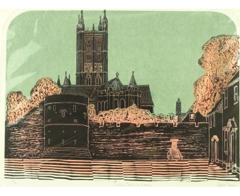 Robert Tavener, lino-cut print, Canterbury Cathedral from St. Augustines, signed in pencil, no. 15/20, image 17" x 22", mount