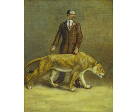 F Cowley, watercolour, portrait of Sir Garrard Tyrwhitt-Drake, with a lioness, signed, 17" x 13.5", together with a book on t