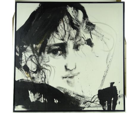 Howard Goldstein, oil/acrylic on canvas, portrait of a child, signed, 40" x 40", framed.