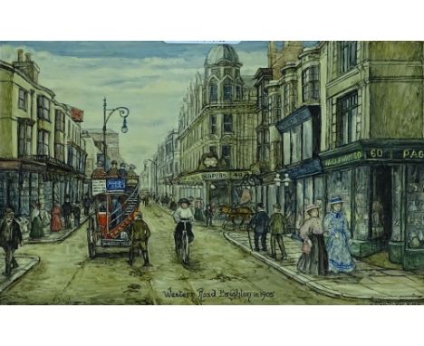 Rita Whitaker RMS, enamel painting on copper, Western Road, Brighton, in 1905, signed, 5" x 8", framed.