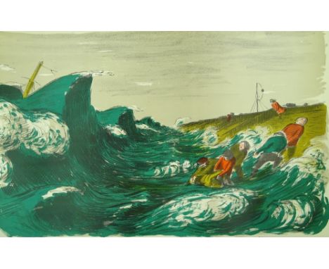 A lithograph school print, The Wreck by Edward Ardizzone, published 1951, sheet size 19.5" x 29.5", unframed.