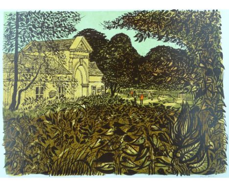 Robert Tavener, colour lino-cut print, buildings and leaves, signed in pencil no. 40/50, sheet size 22" x 28.5", unframed.