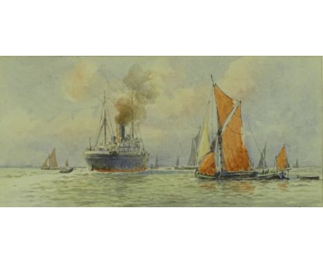W S Tomkin (Exb. 1900-1920), watercolour, Thames shipping, signed and dated 1912, 3.5" x 7.5", framed.