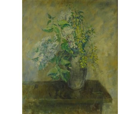 Mary McEvoy (1870-1941), oil on canvas, flowers on table, signed with original labels verso, 30" x 25", framed, provenance; d