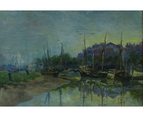 Attributed to Ronald Ossory Dunlop, oil on canvas, estuary at Rye, unsigned, inscribed verso, 14" x 20", framed.
