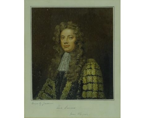 Attributed to George Perfect Harding, watercolour, portrait of Lord Somers, unsigned with provenance verso, 6.5" x 6".