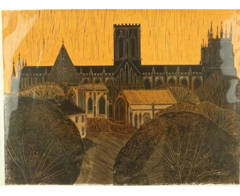 Robert Tavener, lino-cut print, York Minster from north side, signed in pencil no. 12/30, image 18.5" x 25", mounted.