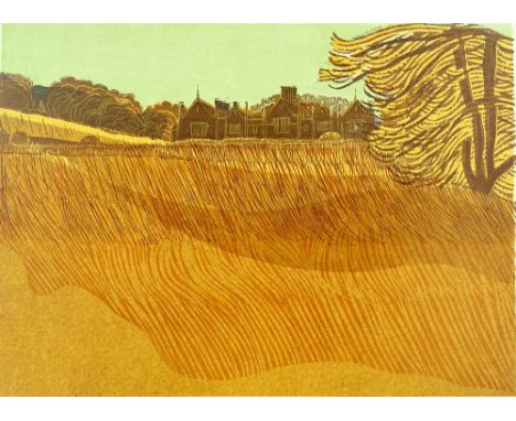 Robert Tavener, colour lino-cut print, buildings and fields, signed in pencil no. 36/50, sheet size 22" x 27.5", unframed.
