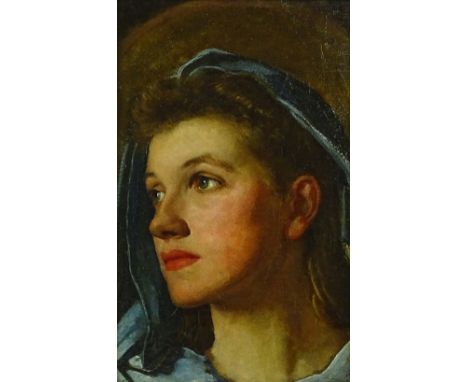 Oil on canvas laid on board, classical head portrait of a woman, unsigned, 10" x 6.5", framed.