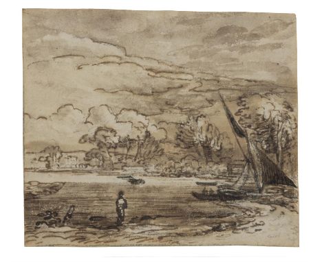Attributed to WILLIAM HENRY BROOKE ARHA (1772-1860)Sketch with figure and boats,Pen and ink, 9 x 11.5cm Provenance: Brooke fa