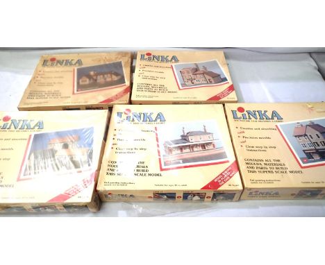 Five Linka OO scale plaster moulding sets, factory sealed, farm buildings, station, Queen Elizabeth centre, town pub and vill