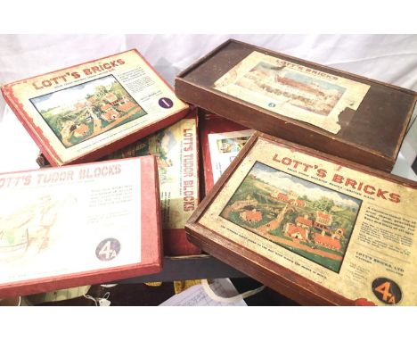 Lotts bricks collection of ten card and wood lotts bricks boxes, some missing lids all containing bricks, manuals etc, unchec
